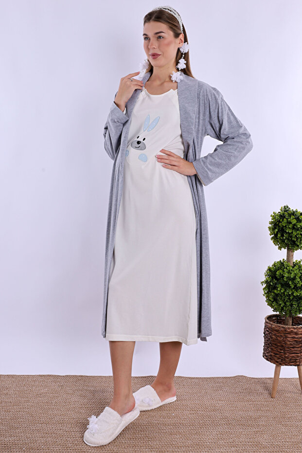 Effortt Blue Maternity and Postpartum Nightgown Set with Robe