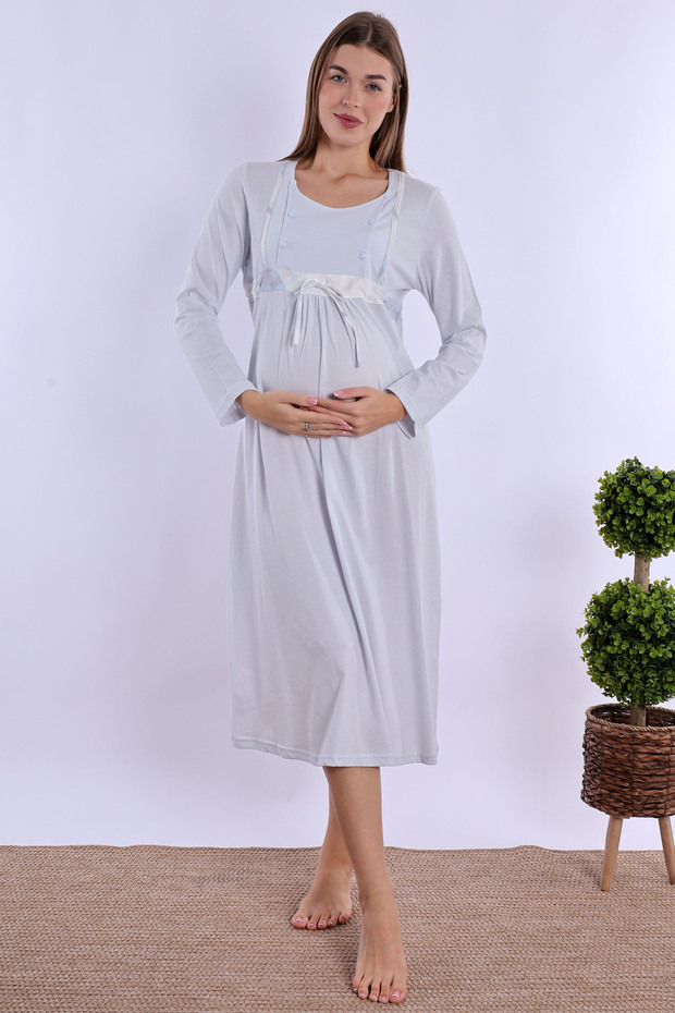 100% Cotton Maternity Nightgown with Breastfeeding Feature Effortt - Blue