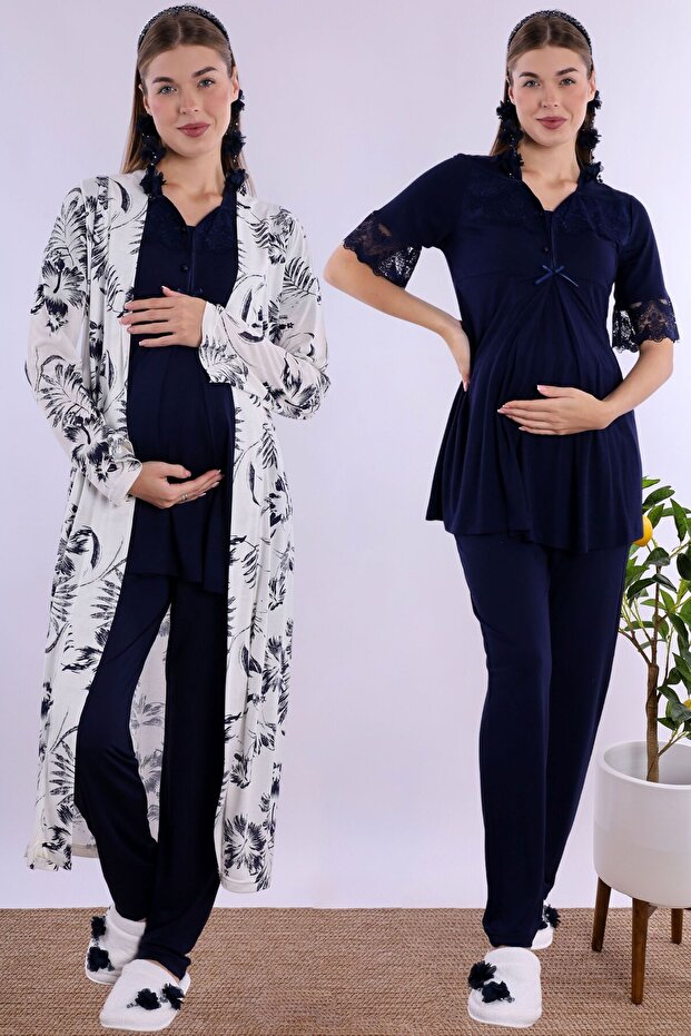 Effortt Navy Blue Maternity Pajama Set with Dressing Gown