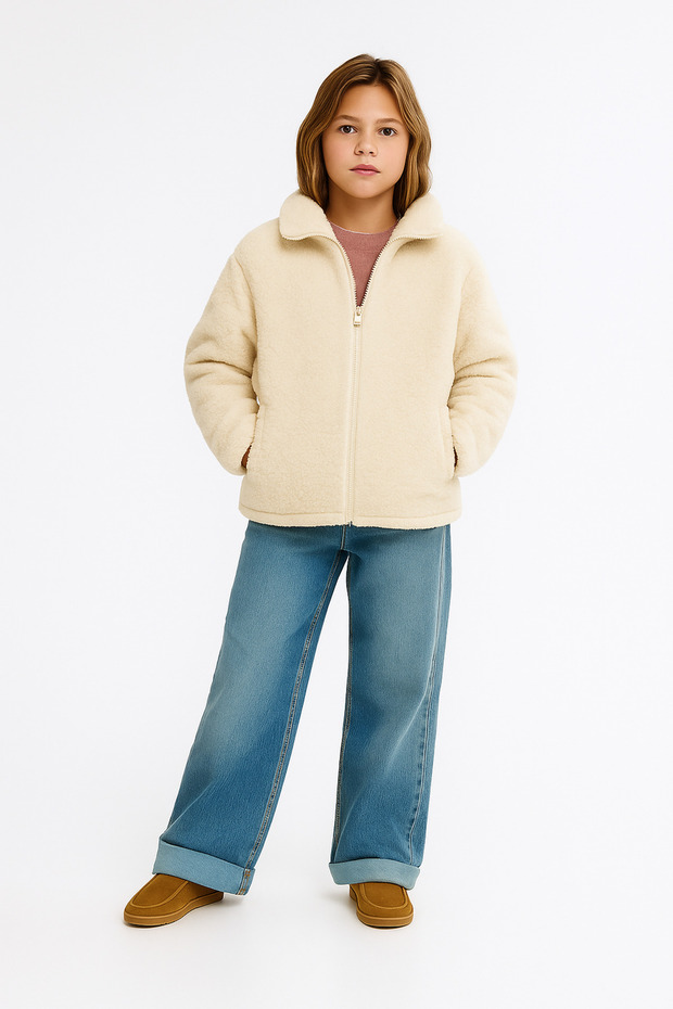 Girl's Plush Jacket with Zipper Long Sleeves 4-10 Years Old
