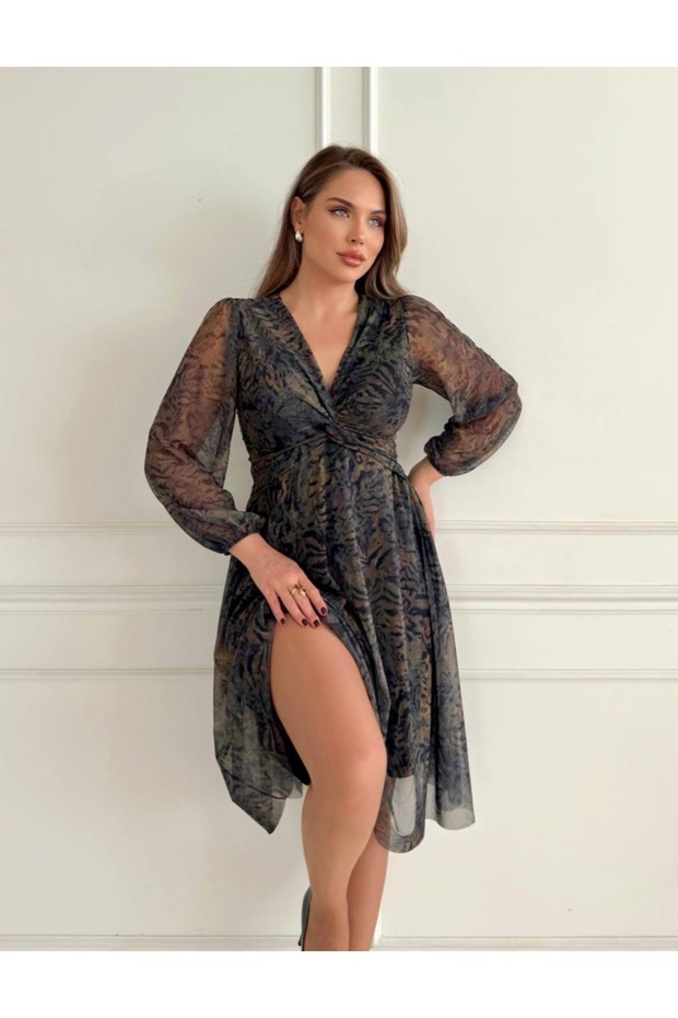 Desenli Tül Elbise - 1