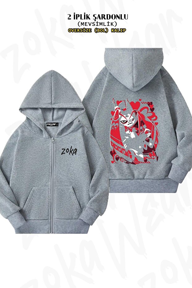 Unisex Hazbin Hotel Husk Printed Oversized Back Printed Zip Hooded Cardigan