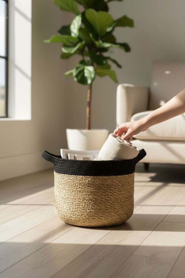 Yonne Wicker Basket 23X29 | Organizer with Kraft and Black Top Belt, Decorative Storage Basket