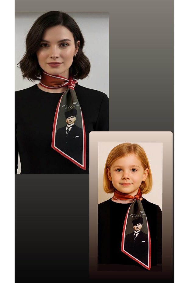 Teacher Child Combination Scarf / Tie / Foulard with Atatürk Photo and Signature and Turkish Flag