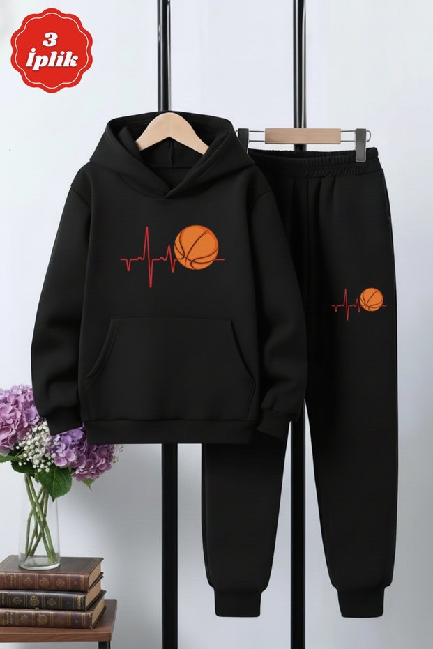 3 İplik Winter Ş Fleece-Lined Pulse Basketball Print Detailed Boys' Tracksuit Set
