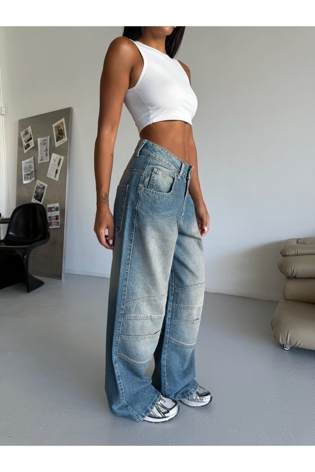 Unisex Loose Baggy Pleated Detail Vintage Jeans