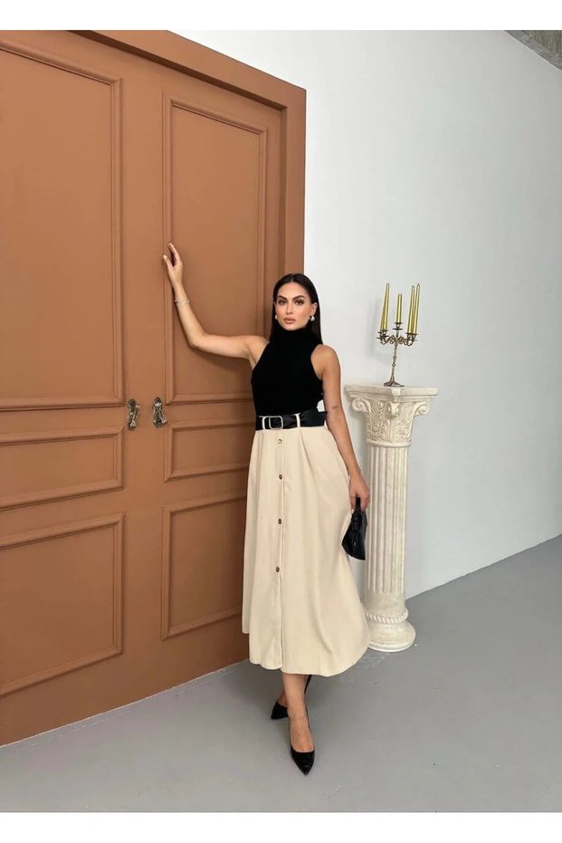 Women's Black Beige Dress Turtleneck Sleeveless Blouse and High Waist Buttoned Flared Midi Skirt with Pockets