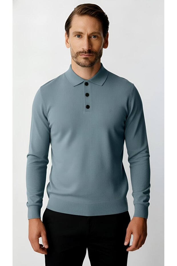 Indigo Standard Fit Slim Fit Polo Collar Buttoned Plain Long Sleeve Knitwear