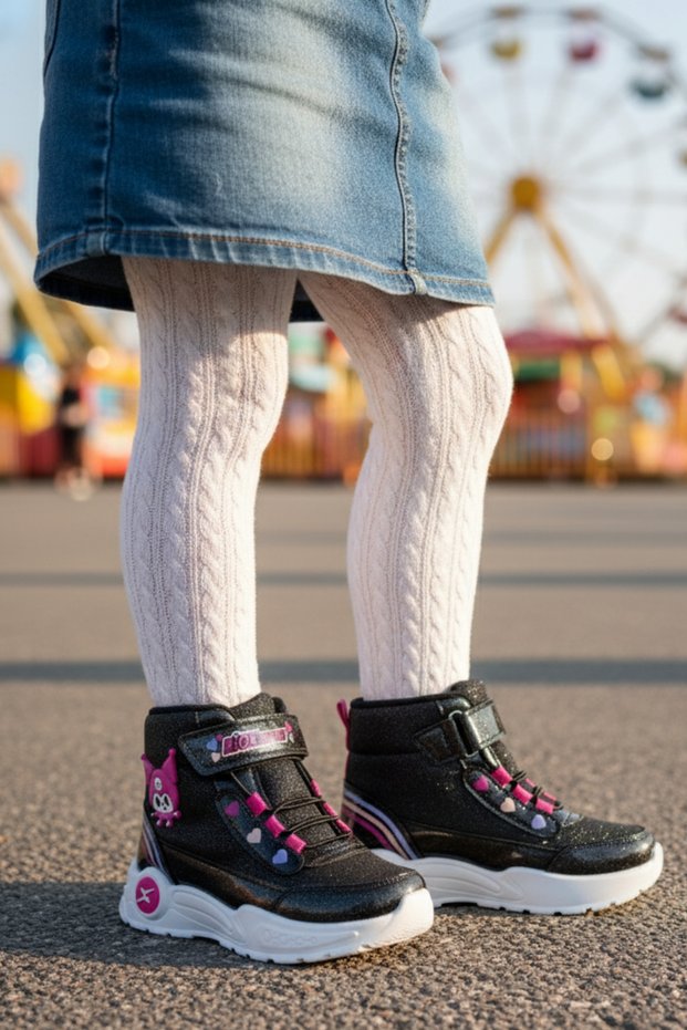 Kuromi Patterned Black Glitter Girls' Boots – Velcro, High Sole, Winter Sports Shoes