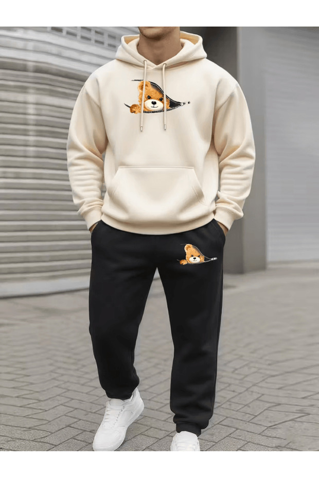 Men's Zipper Detailed Teddy Bear Printed Tracksuit Set