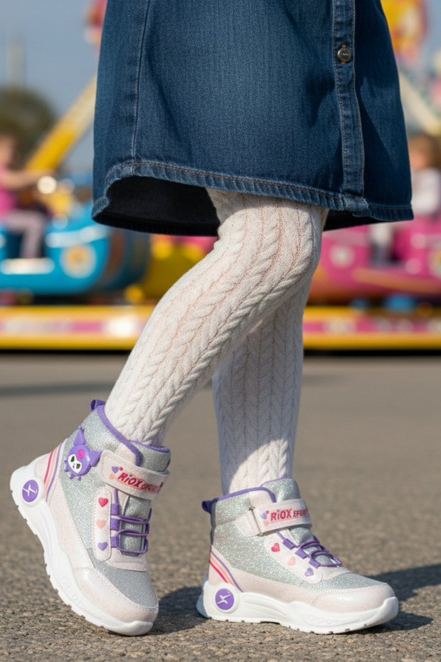 Kuromi Patterned Black Glitter Girls' Boots – Velcro, High Sole, Winter Sports Shoes