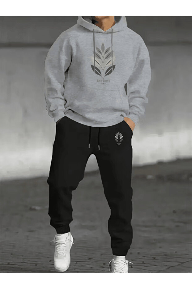 Men's Leaf Patterned Hooded Tracksuit Set