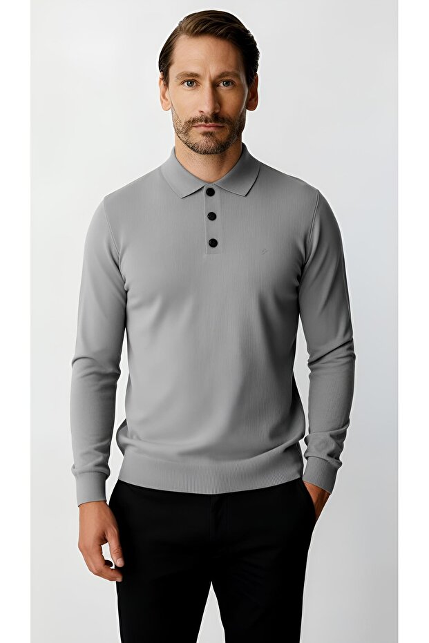 Dark Gray Standard Fit Slim Fit Polo Collar Buttoned Plain Long Sleeve Knitwear