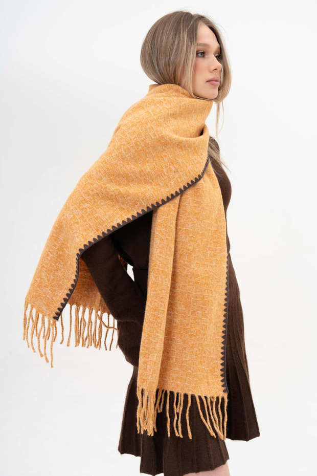 Piped Detail Winter Plain Wool Scarf - Orange