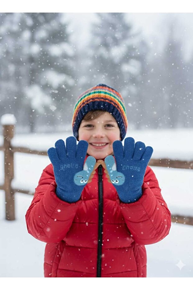 Erkek Çocuk Örme Dinazor Figürlü Eldiven - 1