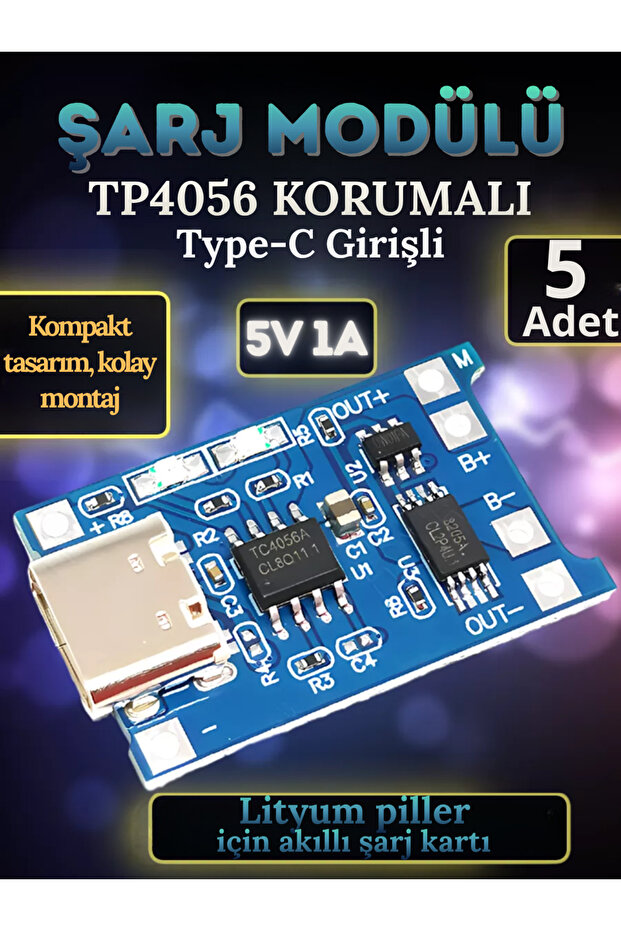 TP4056 Type-C Li-ion Pil Şarj Kartı (Koruma Devreli) – 5 Adet - 1
