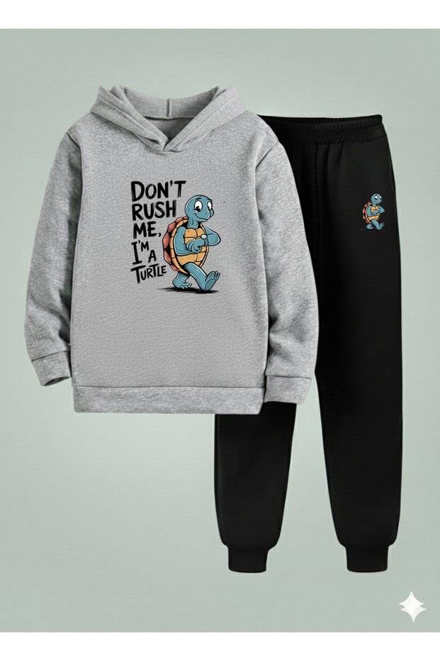 Children Hooded Set I Am a Turtle Printed 3 Thread Ş Fleece-Lined Sweatshirt - Tracksuit Set