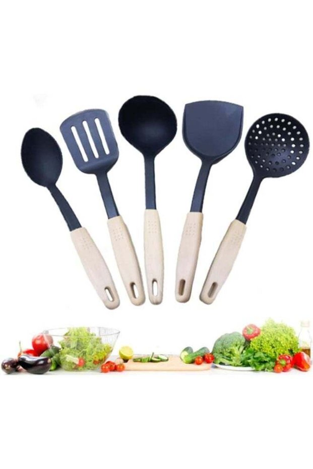 Kitchen Wok Tool Heavy Duty Wok 5 Pieces Utensils With Handle Heat Resistant For Cooking Black