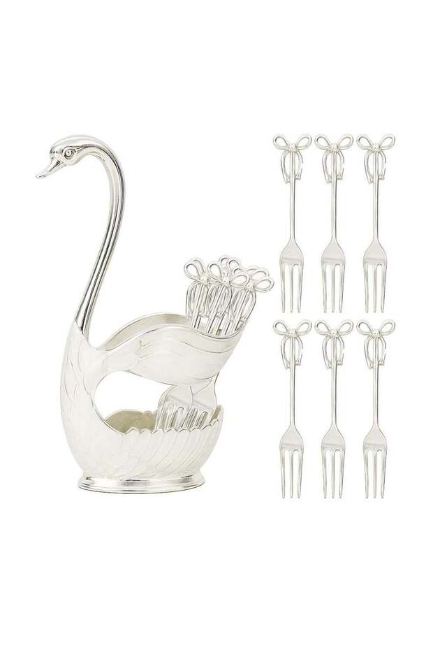 UKR Silver 6-Piece Swan Dessert Fork Set Stainless Steel Appetizer Forks with Elegant Swan Holder Mini Fruit & Cake Forks for Tea Parties, Guests & Home