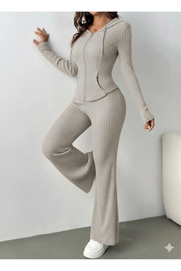 Women's Long Sleeve Hooded Front Zipper Ribbed Knit Blouse and Pants Double Suit