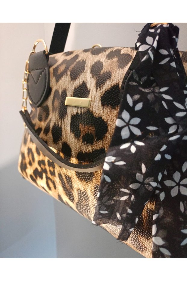 Leopard Pattern Scarf Detail Women's Bag