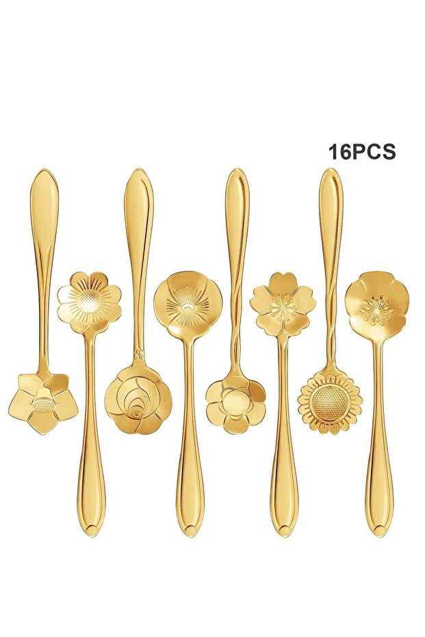 Stainless Steel Gold Leaf Coffee Spoon 16 Pcs Creative Tableware Dessert Spoons, Stirring, Mixing, Sugar, Stir, Ice Cream, Cake, Teaspoon Set (Gold-16Spoon)