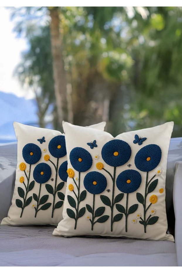 Punch Embroidery Look Digital Printed Navy Blue Colored Summer Themed Floral 2-Piece Throw Pillow Cover Set