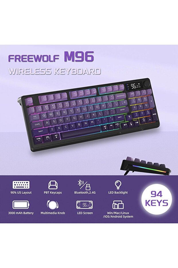 M96 Ofis Klavye Bluetooth/2.4g Kablosuz Oyuncu Klavye Işıklı Usb Type-c Kablolu Şarjlı - 3