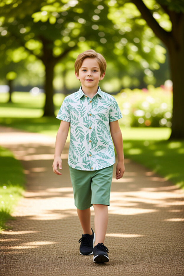 Boys' Tropical Printed Short Sleeve Shirt and Shorts Set Quality Stylish Comfortable