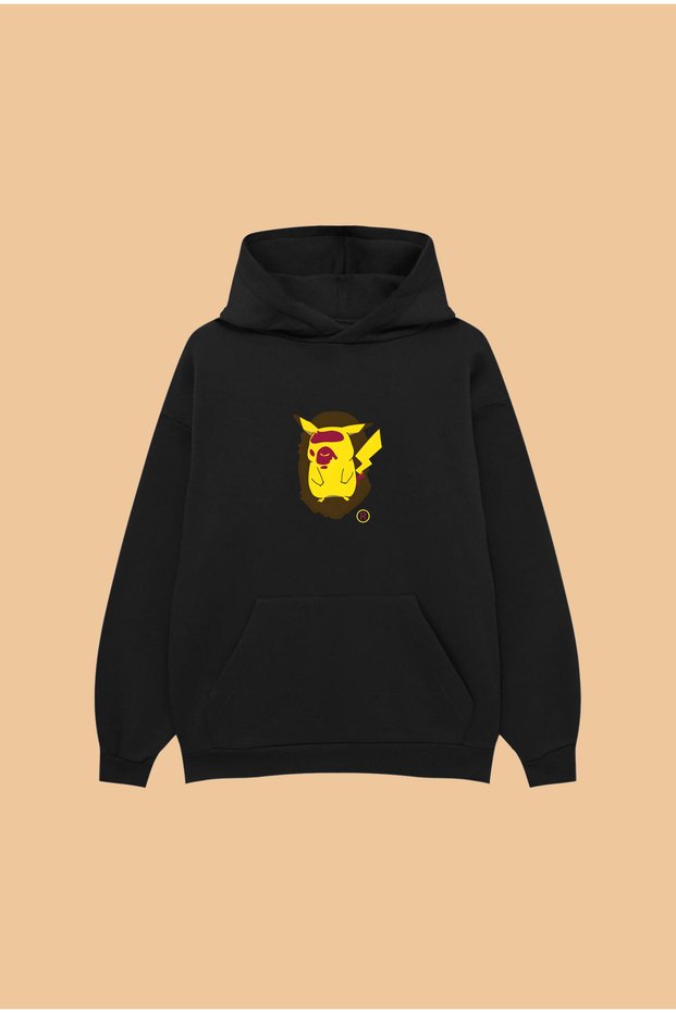 Bape Pikachu Unisex Oversized Black Cotton K Hooded Printed Sweatshirt Hoodie
