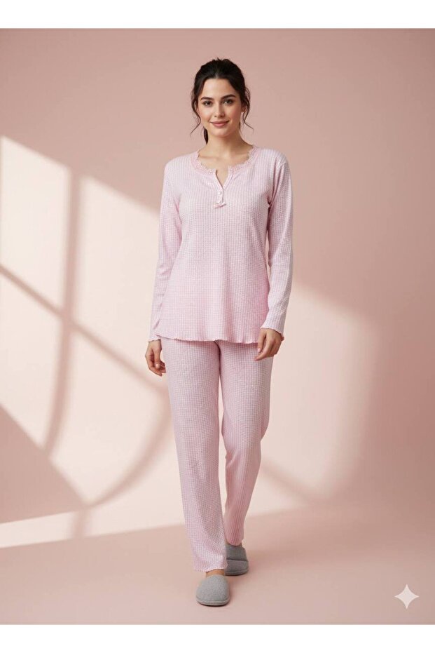 Lace Collar Detailed Cotton Combed Fabric Pajama Set