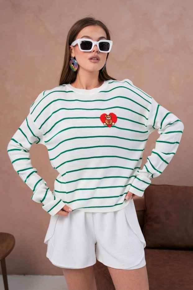 Oversized Striped Teddy Bear Detailed Crew Neck Sweater Aw25Kz0070
