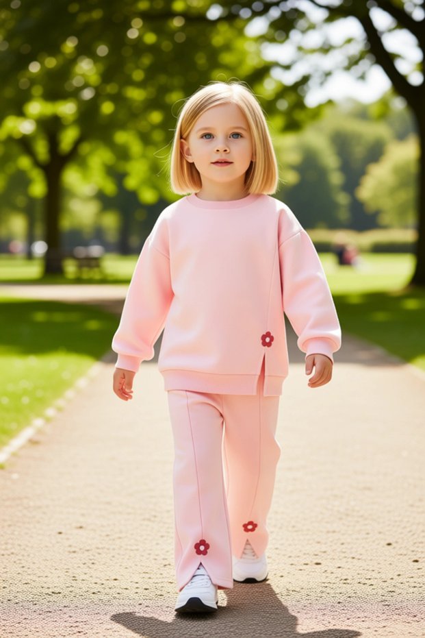 Girls' Cotton Floral Detailed Crew Neck Long Sleeve Knitted Set Quality Stylish Comfortable