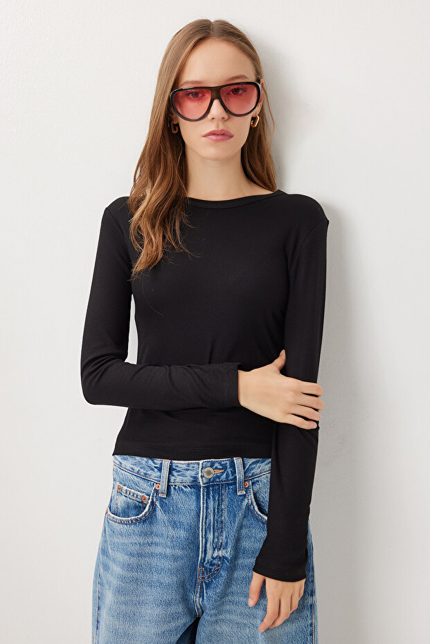Basic Fitilli Örme Bluz LUB0296 SİYAH - 2