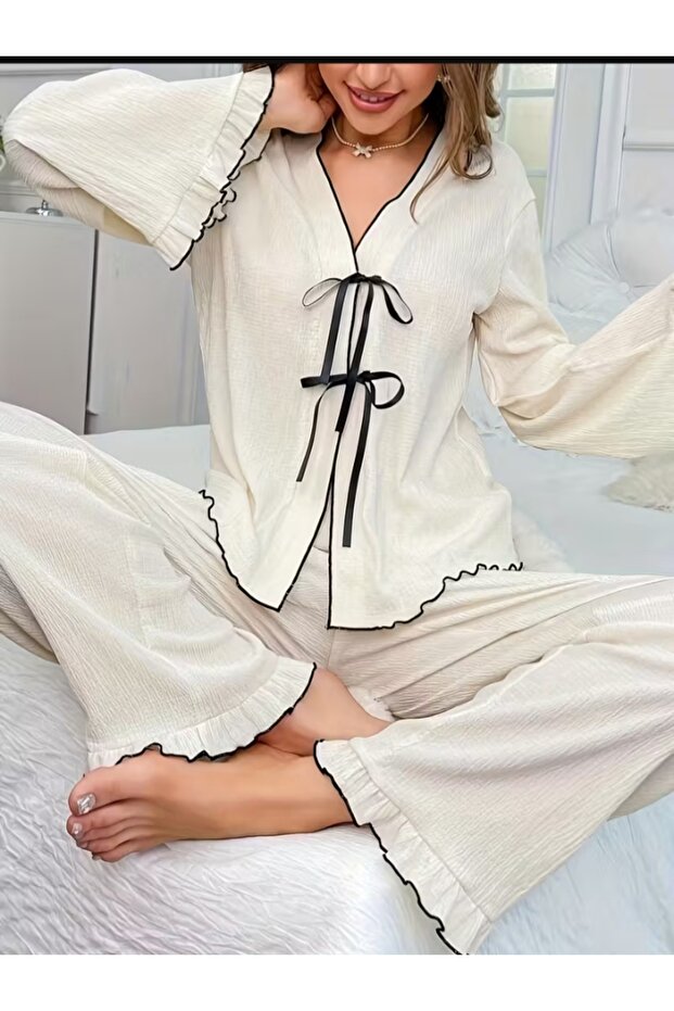 Women's white tie-front pajama set
