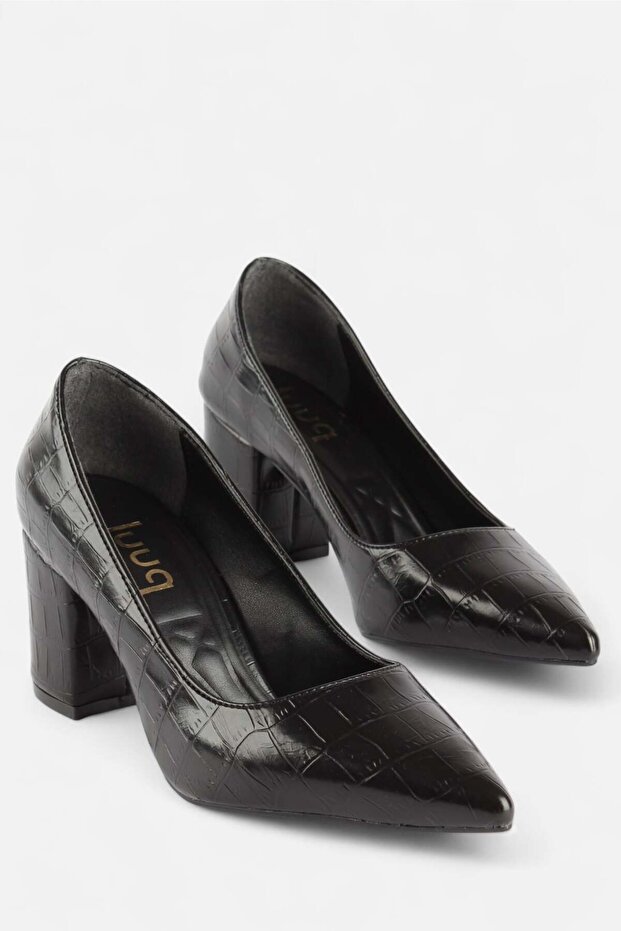 Prestige - Black Crocodile Pattern Block Heeled Shoes