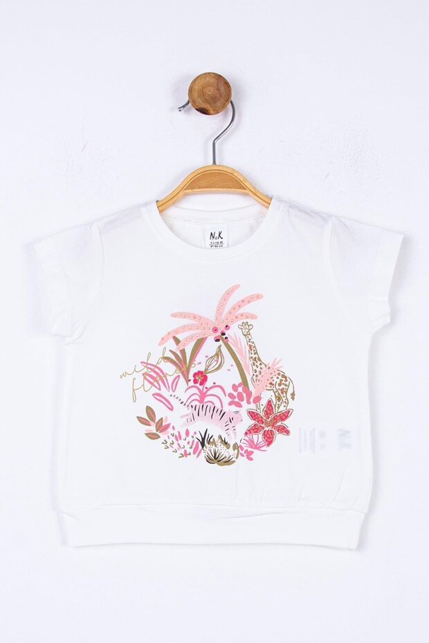 Baby Girl Giraffe Patterned Short Sleeve Blouse 34615 Ecru