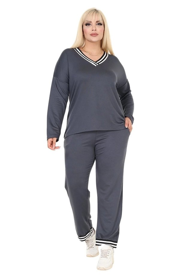Women's Anthracite Large Size Collar Stripe Detailed Long Sleeve Elastic Waist V-Neck Tracksuit Set