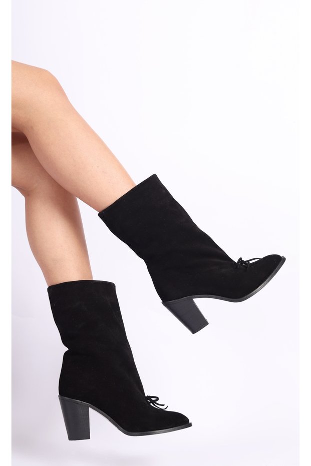Women's Genuine Leather Black Suede Bow Detailed Heeled Boots