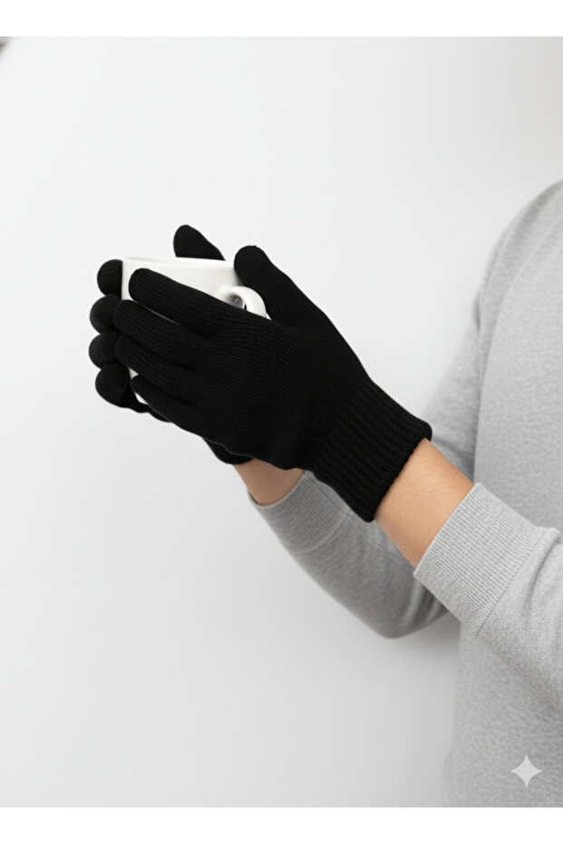 Siyah Erkek Kışlık Örme Yün Eldiven Kalın Triko - 2