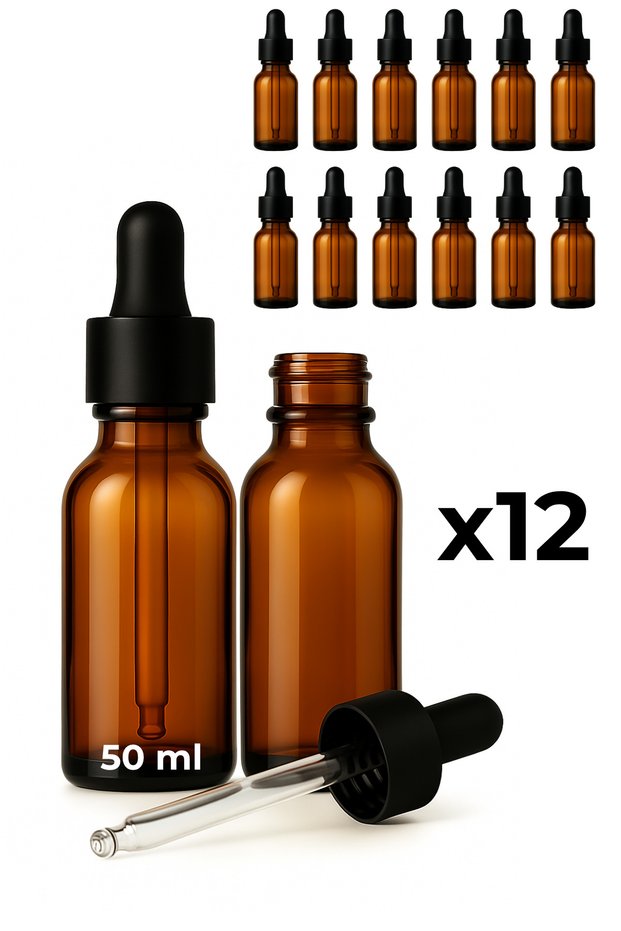 12-Pack of 50 ml Amber Glass Serum Bottles + Black Metal Cap with Black Tip Dropper