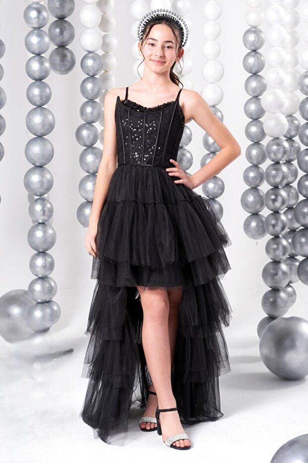 Mojo Kız Çocuk 10-15 Yaş Önü Kısa Arkası Uzun Abiye Elbise 848 Siyah - 1