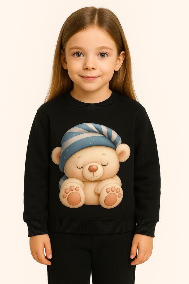 Uyuyan Bear with a Hat Patterned Set of Fleece-Lined Sweatshirt3-4-5-6-7-8-9-10-11-12 Years Old