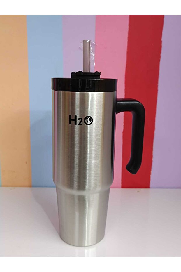 H2O Brand Silver 900 ml Steel Mug Thermos with Handle and Straw