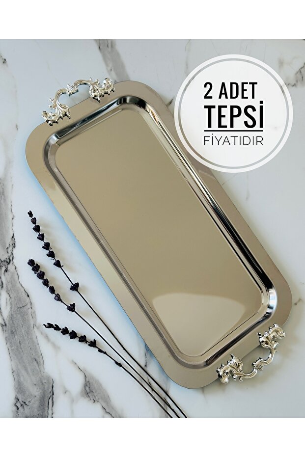 2 Silver Rectangular Serving Trays with Removable Handle Detail for Tea, Coffee, and Treats (33x17CM)