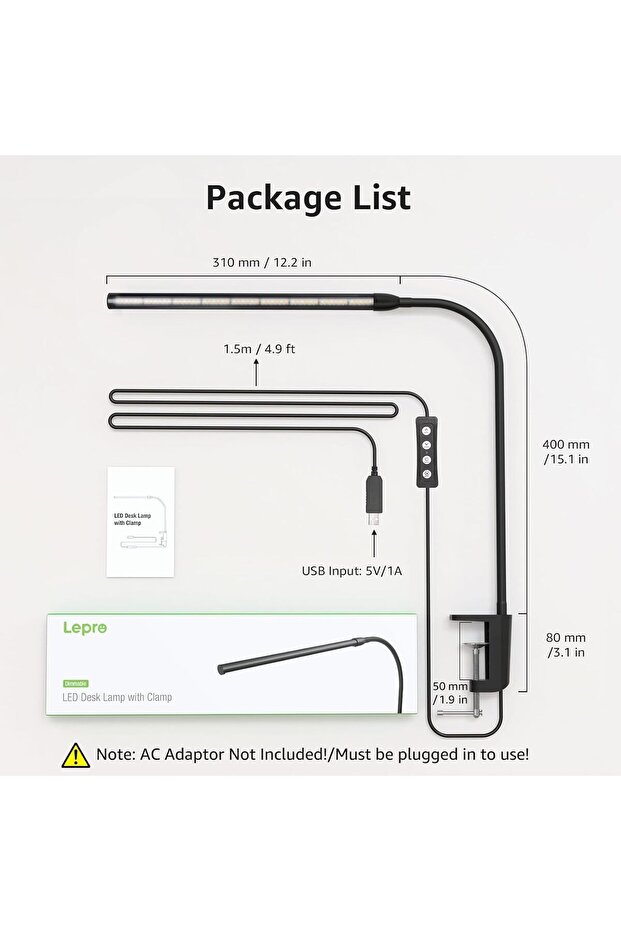 Clip-on LED Reading Table Lamp, 3 Color Modes, 10 Brightness Levels, Dimmable, USB, 3000-6500K - 7