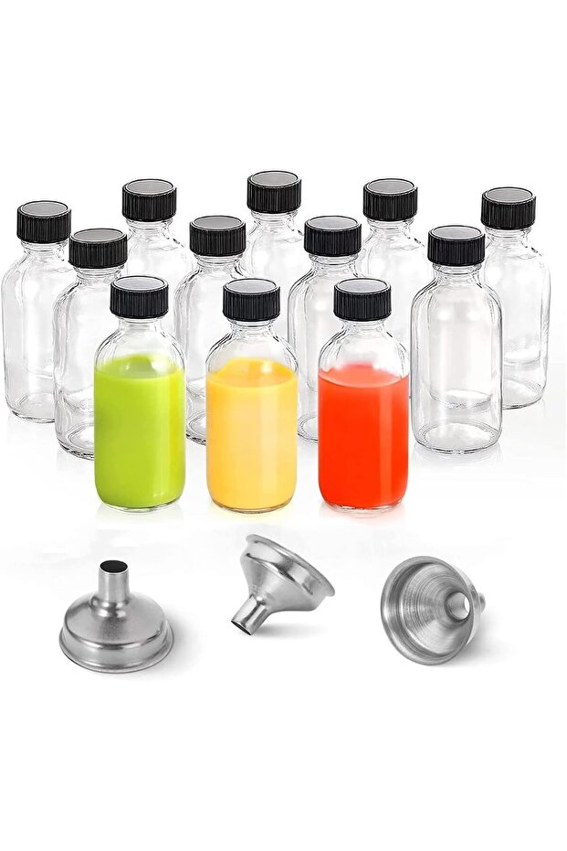12 Pack, 2 oz Small Clear Glass Bottles with Lids & 3 Stainless Steel Funnels - 60ml Boston Rou