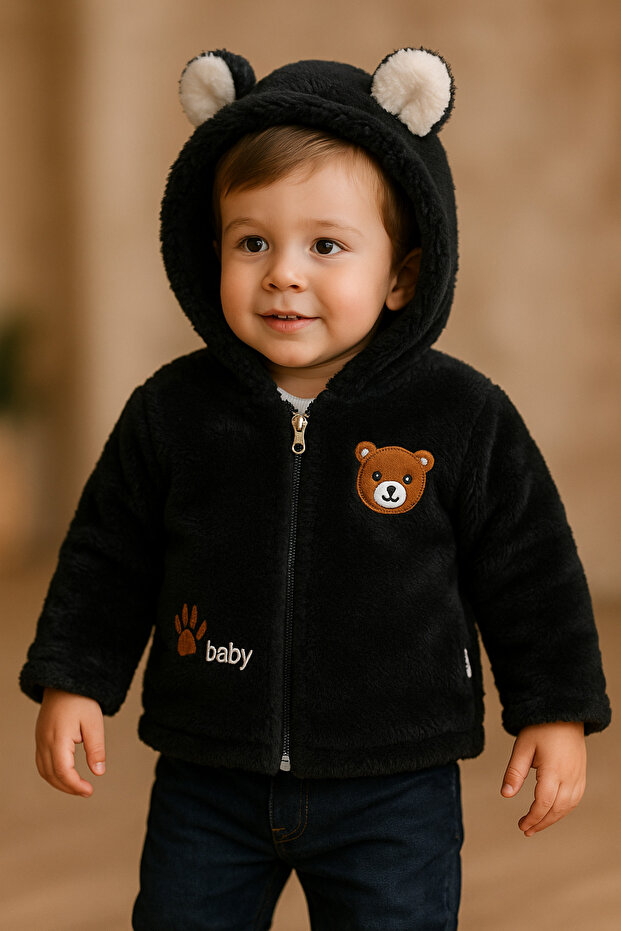 Black lined plush baby cardigan with Hooded bear embroidery – soft and warm