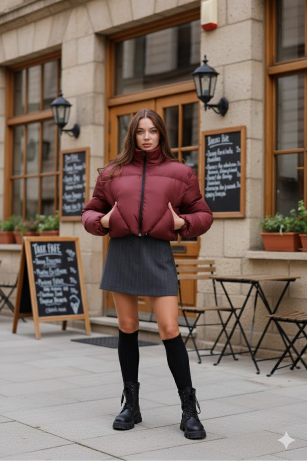 Cross-Stitched Winter Coat with Rubber Detail Crop (Calemore)