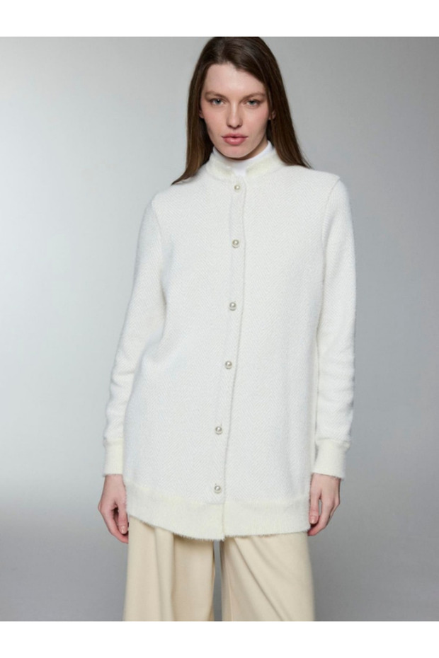Women's Collar Detailed Ecru/Gold Buttoned Cardigan Hr-0032